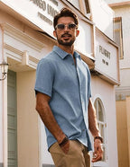 Men’s Melange Textured Short Sleeve Button Down Shirt