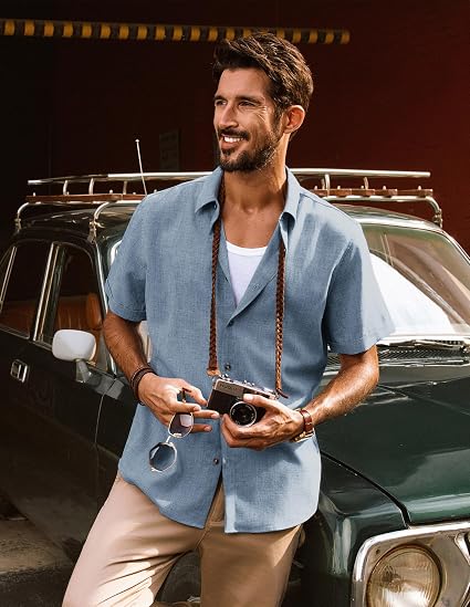 Men’s Melange Textured Short Sleeve Button Down Shirt