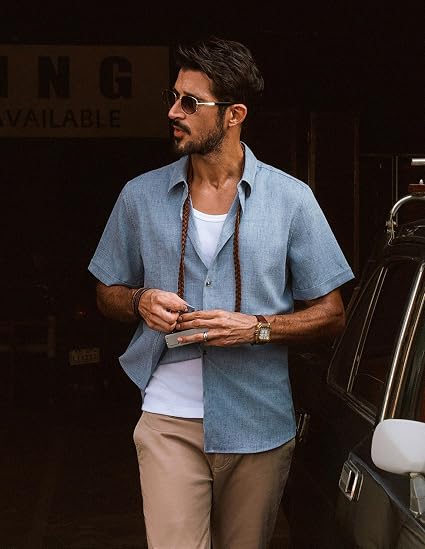 Men’s Melange Textured Short Sleeve Button Down Shirt