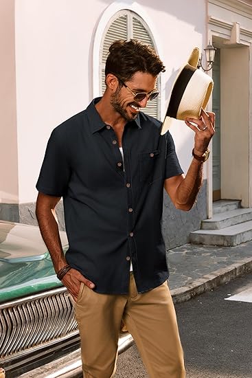 Men’s Short Sleeve Cotton Spread Collar Button Down Shirt