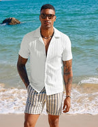 Men’s Wrinkle Resistant Vertical Stripe Cuban Collar Short Sleeve Button Shirt
