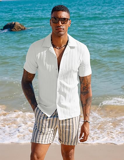 Men’s Wrinkle Resistant Vertical Stripe Cuban Collar Short Sleeve Button Shirt